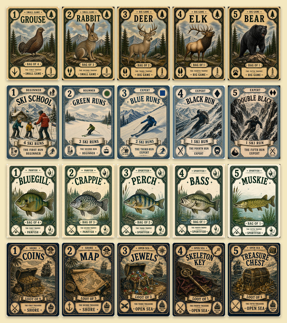 Cardswild 4-Game Collector Set - Hunting, Skiing, Fishing & Pirate Card Games