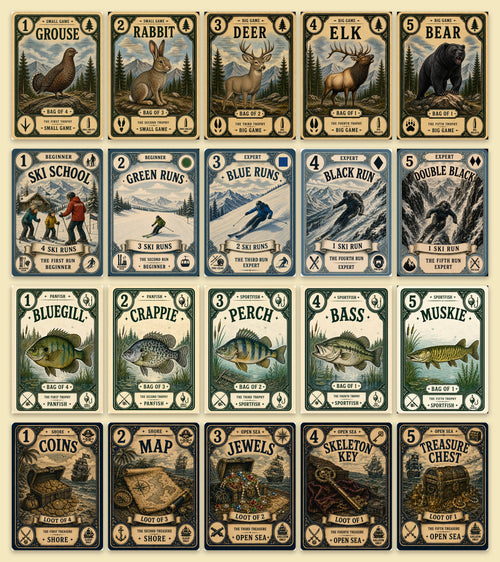 Cardswild 4-Game Collector Set - Hunting, Skiing, Fishing & Pirate Card Games